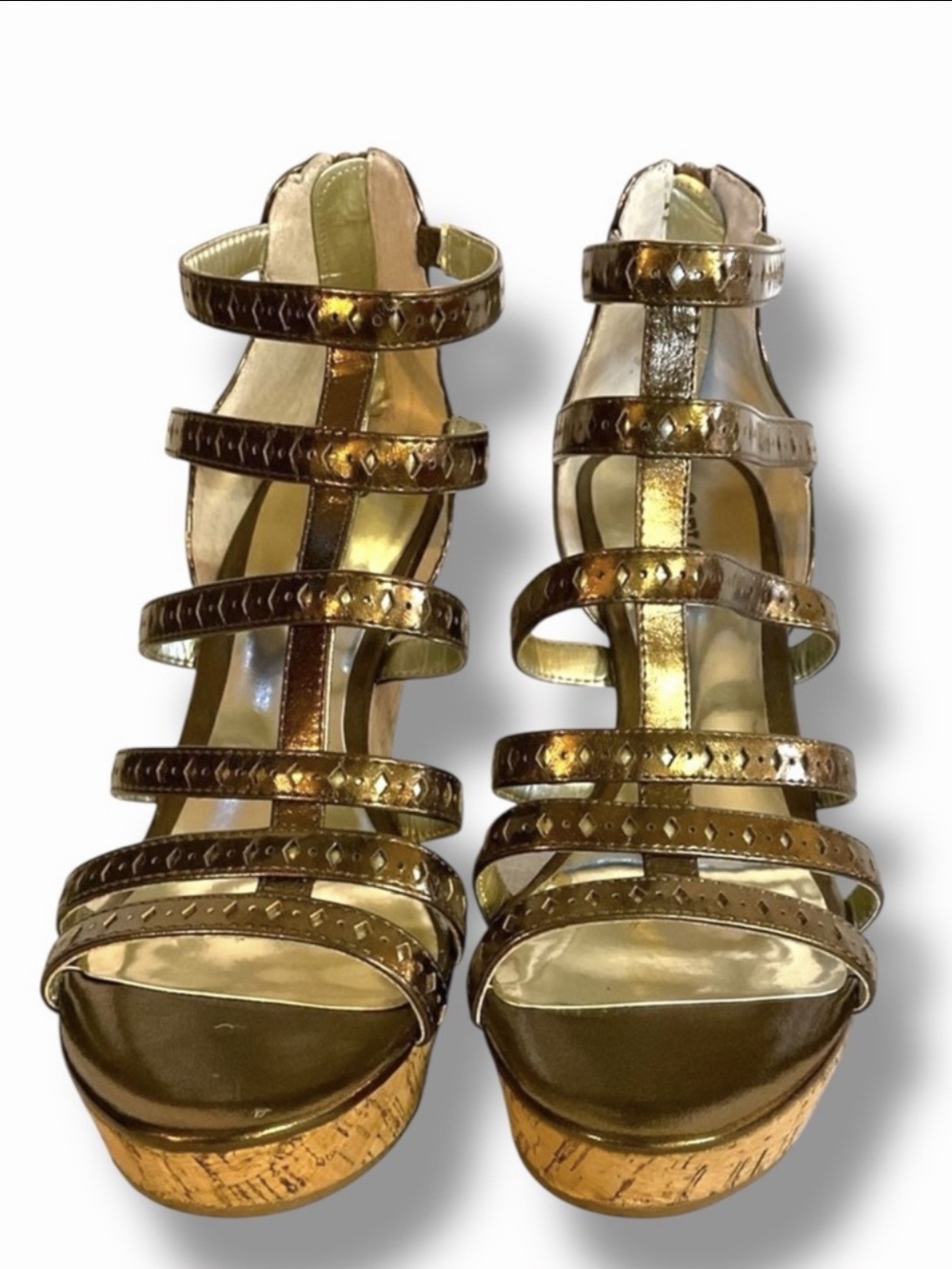 NWT Metallic Gold Strappy Cork Wedge Sandals New in Box